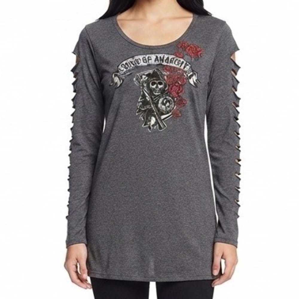 Sons of Anarchy Graphic Top Womens XXL Gray Lase Cut Sleeve Biker Tee